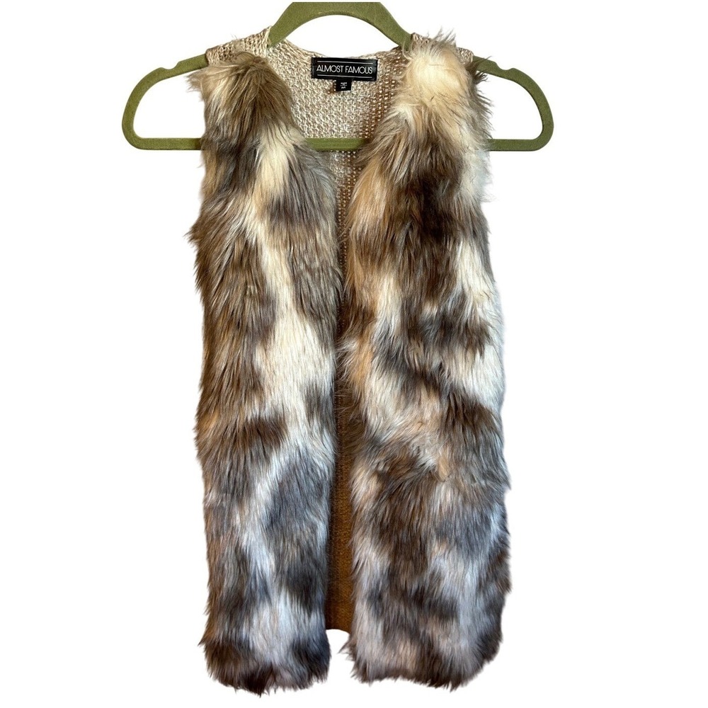 Almost Famous Womens Brown Faux Fur Open Front Knit Back Vest Size Medium